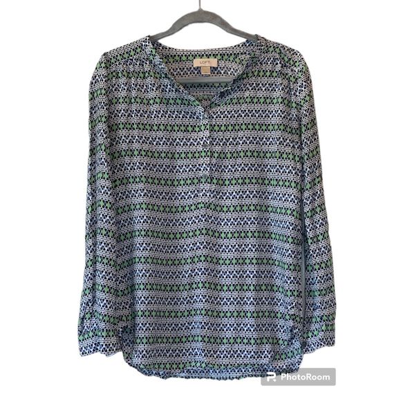 Loft Navy Blue and Green Detailed Argyle Blouse, Size Small - Picture 1 of 3